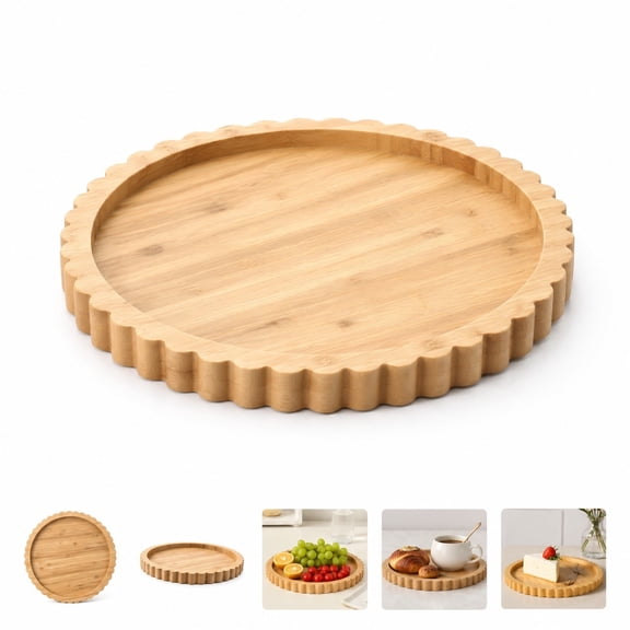 Round Bamboo Serving Tray, 23 cm Scalloped Edge Wooden Tray with Raised Rim for Coffee, Snacks, Desserts, Vanity and Home Decor