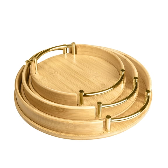 Round Bamboo Serving Tray Set of 3, Portable Ottoman Food Tray with Gold Handles, Decorative Coffee Table Tray, Tea Tray for Living Room, Kitchen, Bedroom