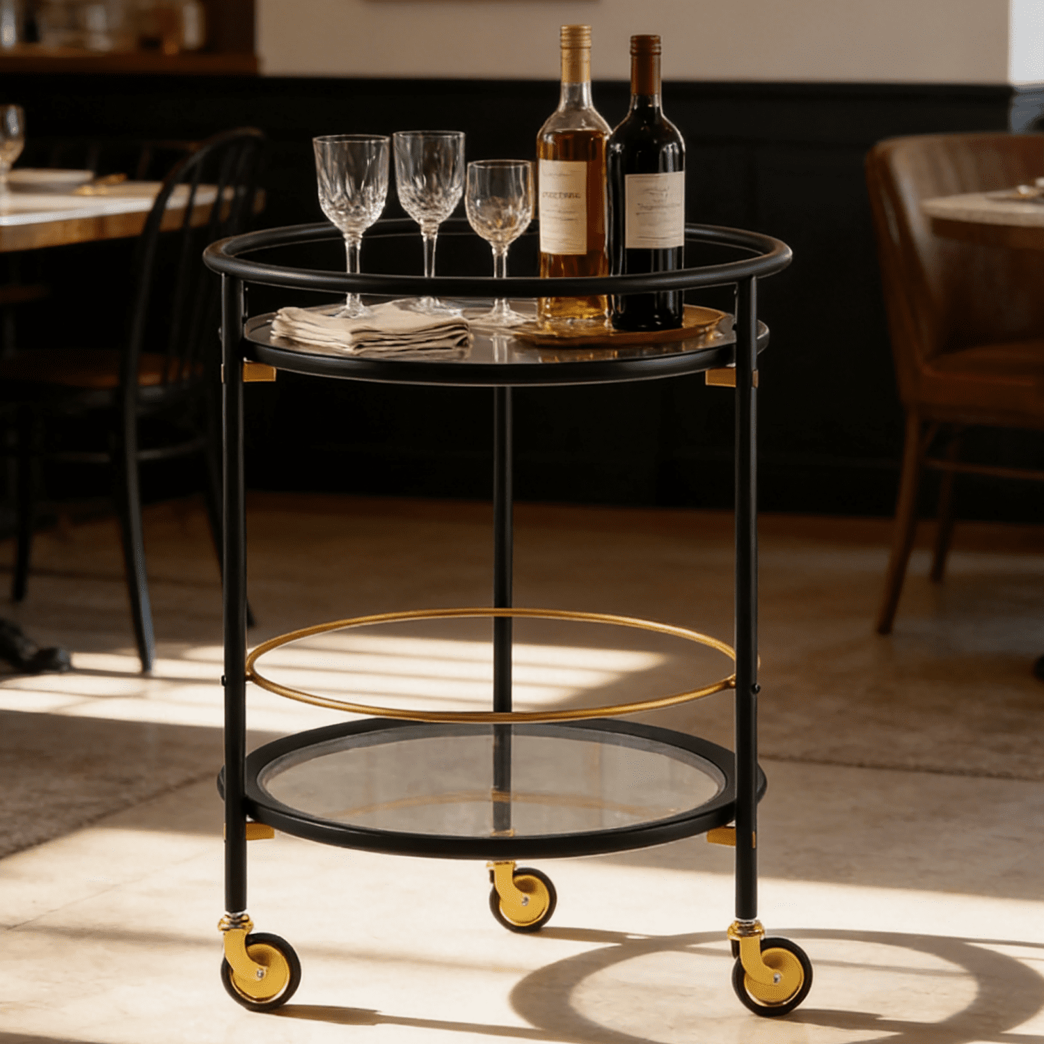 Round Bar Cart with Tempered Glass Shelves and Gold Accents
