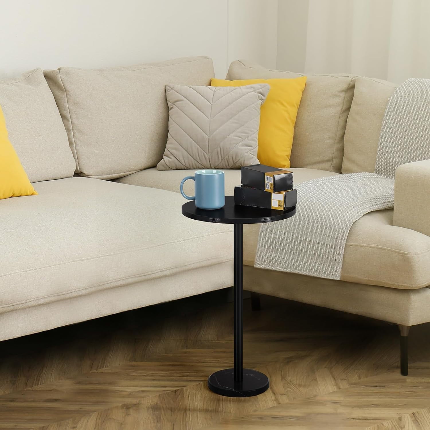 Round Bar Nightstand Coffee Table Office Bedroom Black Marble Base
