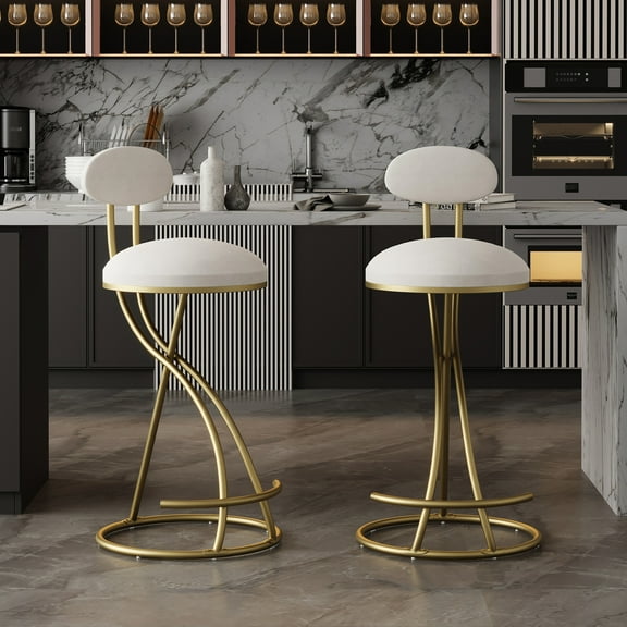 Round Bar Stool Of 2, Gold & Creamy White Velvet, Footrest, 27.95'' Seat Height, 220lbs Capacity, Easy Assembly, For Kitchen Island Dining Room Metal Frame, Capacity Bistros