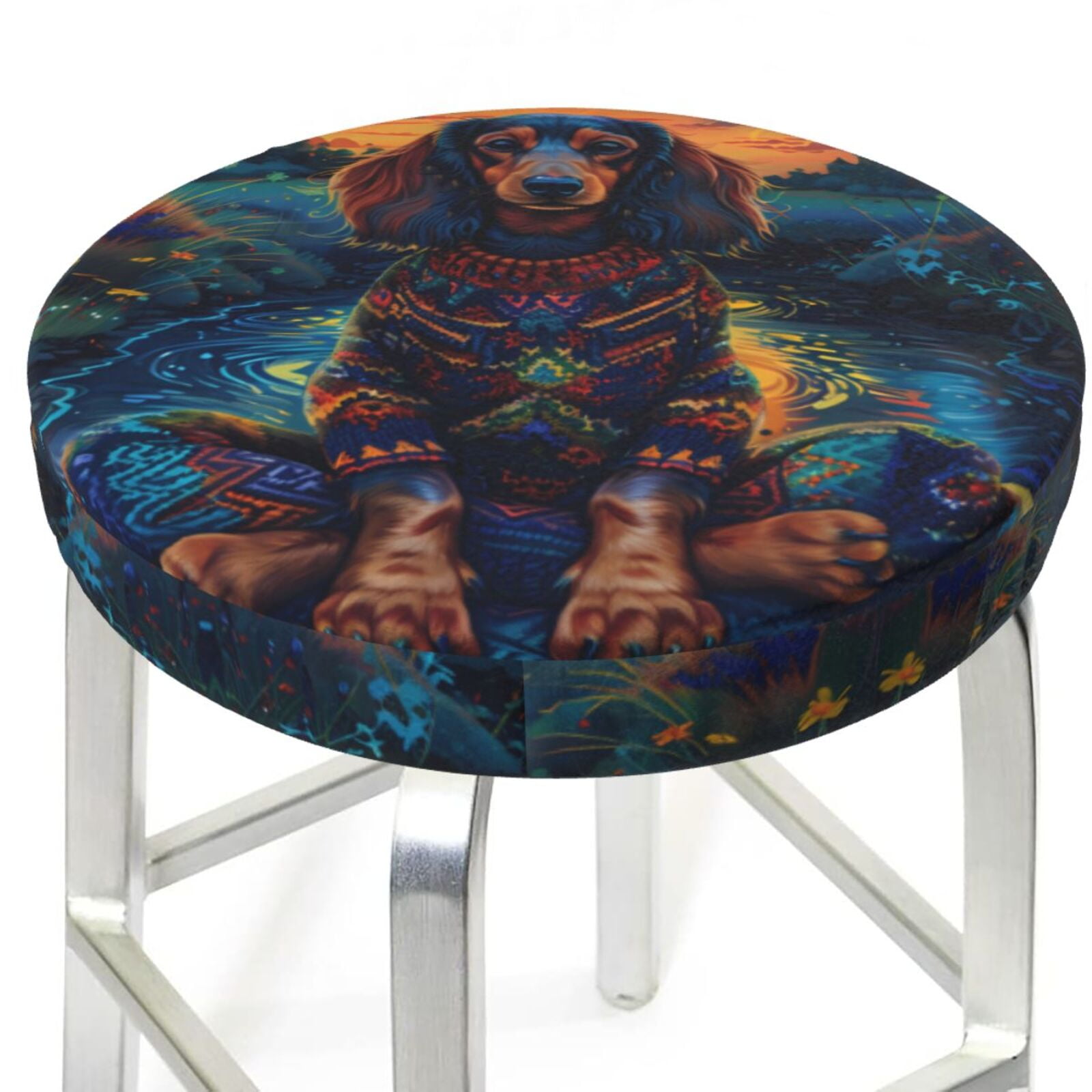 Round Bar Stool Covers Starry Sky Meditating Dog Soft Velvet Bar Stool ...