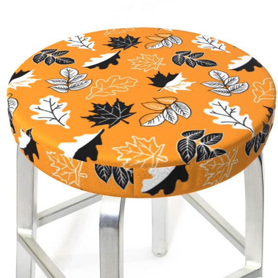 Round Bar Stool Seat Covers, Bold Black and White Leaves Orange Elastic Round Chair Cover Stool Seat Slipcover Bar Stool Cushions Round Pad for 12-14 inch