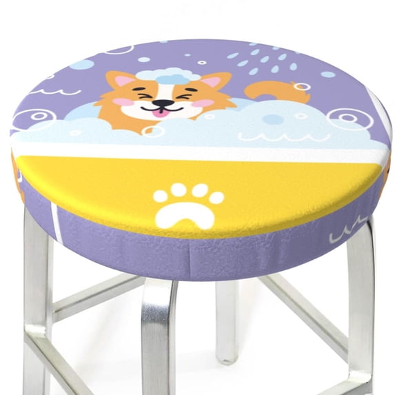 Round Bar Stool Seat Covers, Corgi Washing in Bathtub Elastic Round Chair Cover Stool Seat Slipcover Bar Stool Cushions Round Pad for 12-14 inch
