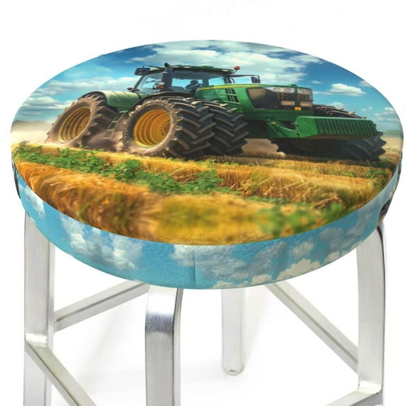 Round Bar Stool Seat Covers, Green Tractor Field Elastic Round Chair Cover Stool Seat Slipcover Bar Stool Cushions Round Pad for 12-14 inch