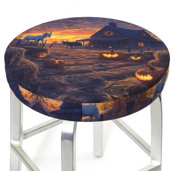 Round Bar Stool Seat Covers, Halloween Farm Pumpkin Ghost B Elastic Round Chair Cover Stool Seat Slipcover Bar Stool Cushions Round Pad for 12-14 inch