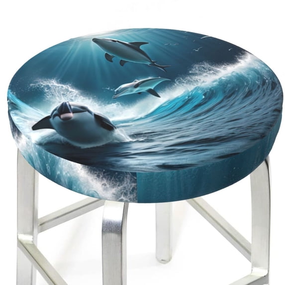 Round Bar Stool Seat Covers, Ice Blue Ocean Cute Dolphin A Elastic Round Chair Cover Stool Seat Slipcover Bar Stool Cushions Round Pad for 12-14 inch