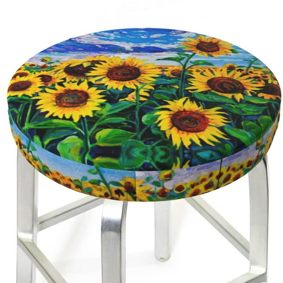 Round Bar Stool Seat Covers, Landscape With Sunflowers Elastic Round Chair Cover Stool Seat Slipcover Bar Stool Cushions Round Pad for 12-14 inch
