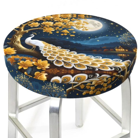 Round Bar Stool Seat Covers, Moonlit Golden Tree Peacock Elastic Round Chair Cover Stool Seat Slipcover Bar Stool Cushions Round Pad for 12-14 inch