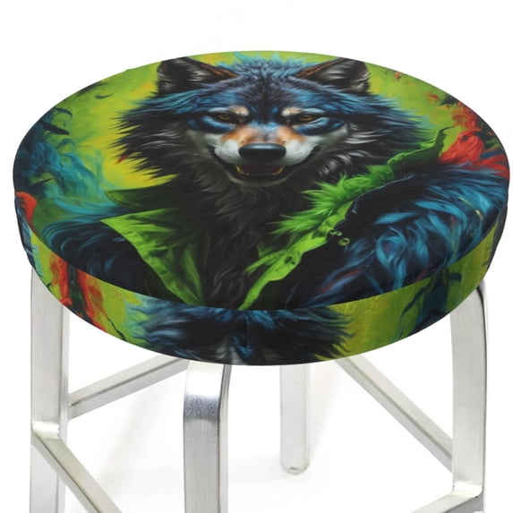 Round Bar Stool Seat Covers, Realistic Style Wolf Warrior Elastic Round Chair Cover Stool Seat Slipcover Bar Stool Cushions Round Pad for 12-14 inch