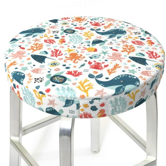 Round Bar Stool Seat Covers, Sea Animal 1 Elastic Round Chair Cover Stool Seat Slipcover Bar Stool Cushions Round Pad for 12-14 inch