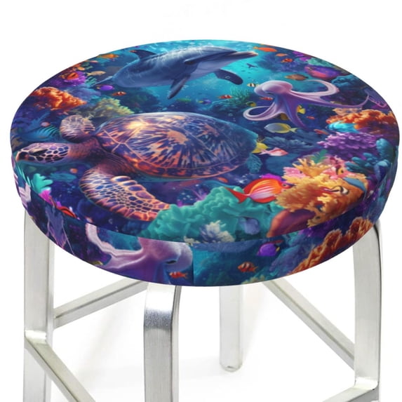 Round Bar Stool Seat Covers, Underwater Turtle Dolphin Octopus Elastic Round Chair Cover Stool Seat Slipcover Bar Stool Cushions Round Pad for 12-14 inch