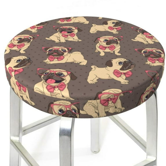 Round Bar Stool Seat Covers, cute Pug pink glasses funny Elastic Round Chair Cover Stool Seat Slipcover Bar Stool Cushions Round Pad for 12-14 inch