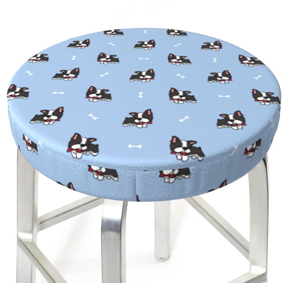 Round Bar Stool Seat Covers, cute boston terrier puppy blue Elastic Round Chair Cover Stool Seat Slipcover Bar Stool Cushions Round Pad for 12-14 inch