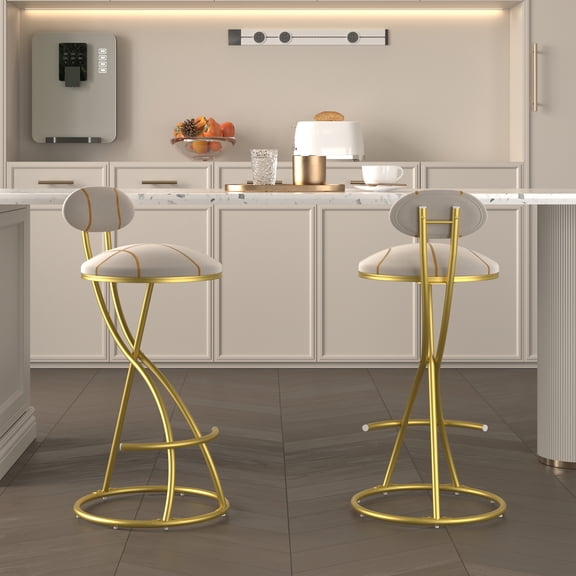 Mid Back Velvet Upholstered Barstools S-shaped Striped Bar Stools Set of 2 (Gold Frame)