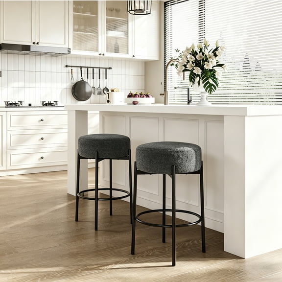 Round Bar Stools Set of 2 – 24" Modern Bar Stools, Upholstered Counter Stools with Foot Rest & High-Density Foam, Boucle Dining Chairs for Kitchen Island, Pub, Cafe, Gray