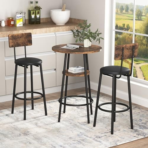 Round Bar Table for 2, 3-Piece Small Pub Table & PU Upholstered Stools with Backrest, Modern High Top 2-Tier Bistro Table and Chairs Set of 2 Indoor, Space Saving$$Furniture