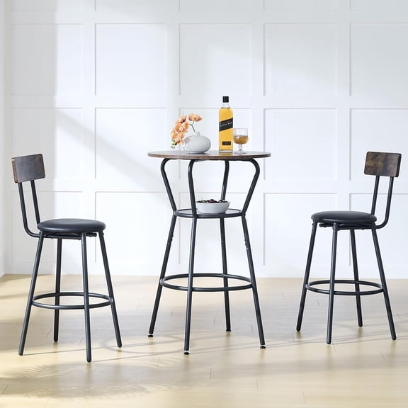 Round Bar Table and 2 Chairs Set, Industrial Counter Height Two-Level Circle Dining Table Set for 2-4 Person, with Storage, for Small Kitchen, Bars, Breakfast, Dining Room, Coffee Shop