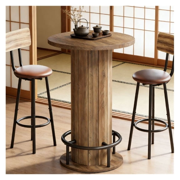 Round Bar Table - 31.5" Farmhouse Coffee Table with Footrest - Space Saving Bistro Table for Kitchen, Pub, Office, Rustic Round Dining Table