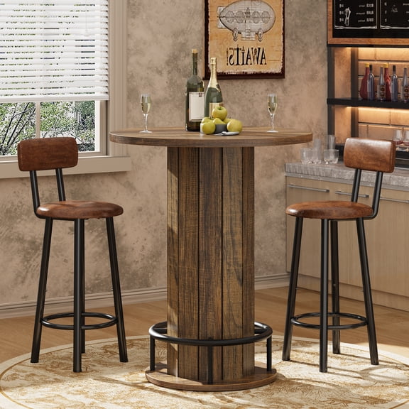 Round Bar Table, 31.5 Inch Wood Bistro Pub Table with Metal Ring Footrest for Small Space Kitchen or Apartment