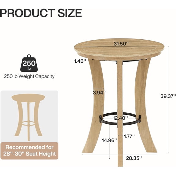 Round Bar Table 39.4 Inch Counter Height Pub Bistro Table with Metal Footrest Modern Tall Kitchen Breakfast Table for Home Bar Dining Room Small Space Light Brown