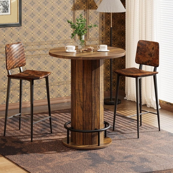 Round Bar Table 40" High – Wood Bistro Pub Table with Metal Ring Footrest – Tall Cocktail Table for Home Bar & Kitchen (Table Only)