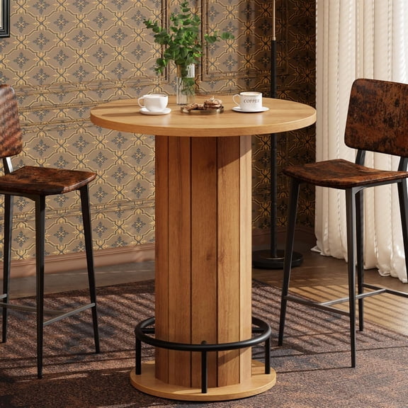 Round Bar Table 40" High – Wood Bistro Pub Table with Metal Ring Footrest – Tall Cocktail Table for Home Bar & Kitchen (Table Only)