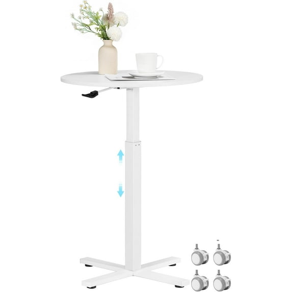 Round Bar Table, Adjustable Height and Rolling Small Dining Table, Dual-Use Cocktail Table with Removable Casters for Bar, Bistro, Café,White