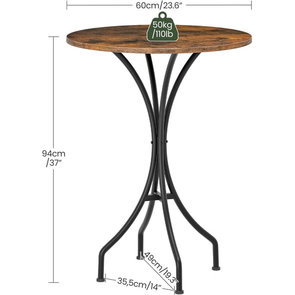 Round Bar Table, High Top Pub Table with Metal Frame for Kitchen Bistro Living Room Rustic Brown Black