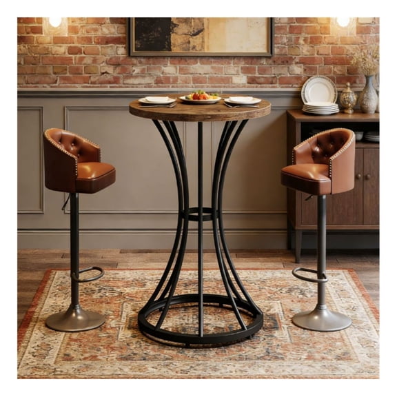 Round Bar Table Set, 37.4" High Top Coffee Table, Cocktail Table for Home Bar, Bistro Table for Small Space, Warm Brown Finish
