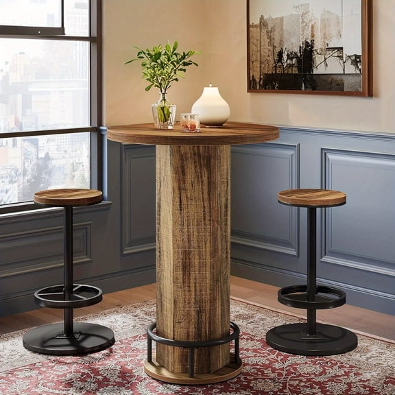 Round Bar Table Set - Industrial Style 2-Stool Bistro Set With Footrest, Compact Breakfast Nook Table For Studio Apartment/Cafe, Quick Assembly