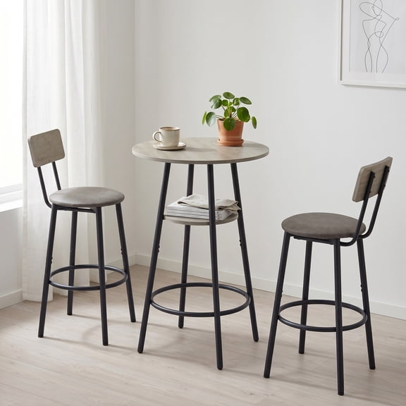 Round Bar Table Set with Storage Shelf & Upholstered Stools, Industrial Pub Table with Backrest Chairs for Kitchen, Living Room, Party & Game Night, Grey