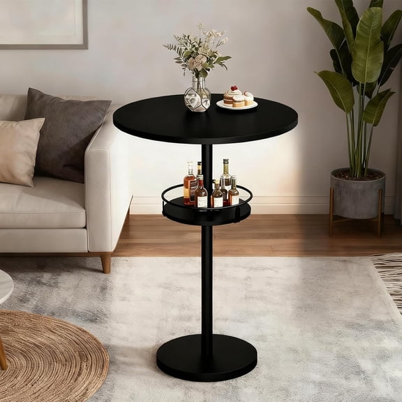Round Bar Table Set of 2 with LED Lights, High Top Cocktail Pub Table Metal Frame Large Base for Home Kitchen Bar Living Room Black