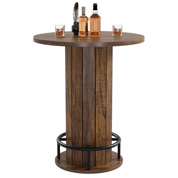 Round Bar Table, 31.5 Inch Wood Bistro Pub Table with Metal Ring Footrest for Small Space Kitchen or Apartment
