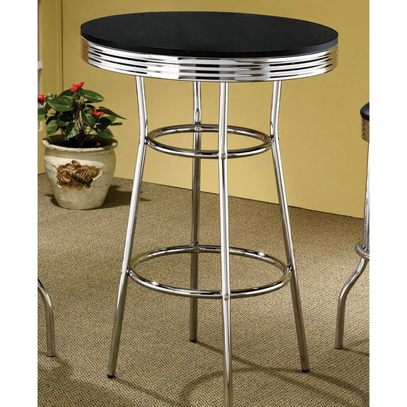 Round Wood Bar Table with Retro Chrome Details - Enhance Dining Room Decor