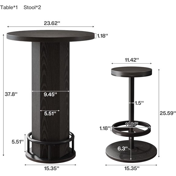 Round Bar Table with 2 Stools, Industrial Bistro Set for Kitchen Nook