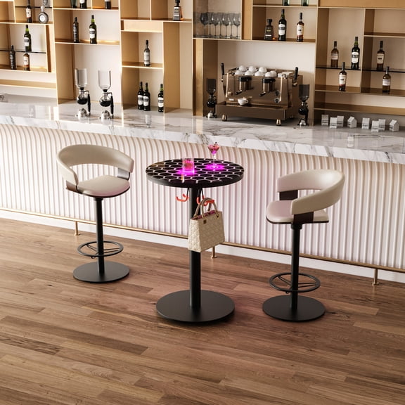 Round Bar Table with Glass and Lighting | Perfect for Family Gatherings at Home | Large Steel Base for Support | Quick Clean for Busy Kitchens