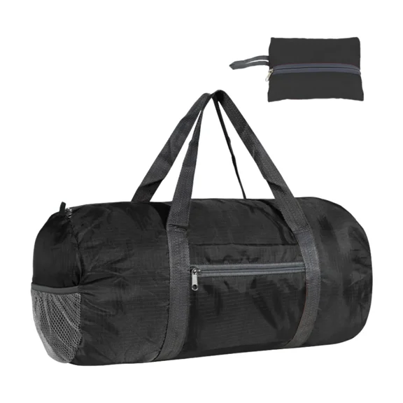 Round Barrel Bag Foldable Lightweight Packaway Sports Gym Duffle Holdall,Black,Medium