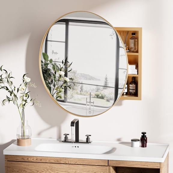 Round Bathroom Medicine Cabinet with Mirror,Wall Mounted Vanity Mirror with Adjustable Shelves Metal Storage Cabinet for Bathroom Bedroom (No Assembly Required) Gold 20.5 * 20.5''