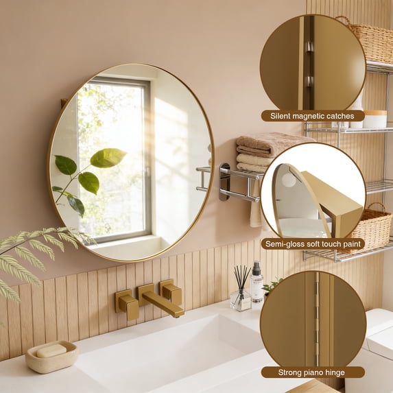Round Bathroom Mirror Medicine Cabinet with Storage - Matte Gold 59cm Iron Frame, Adjustable Shelves, Easy No-Tool Installation for Modern Bathroom Vanity