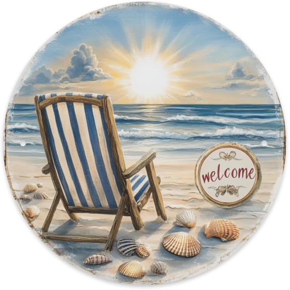 Round Beach Scene Metal Tin Sign Wall Art Decor, Easy to Hang Circle Plaque for Home, Office, Cafe, Bar, Patio, 8 x 8 Inch