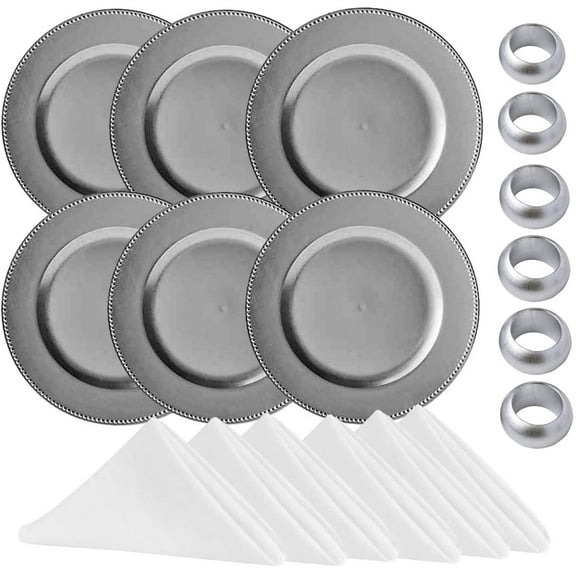 Round Beaded Charger Plates, 13 Inch, with Napkin Rings and Cloth Napkins, Set of 6 (Silver)