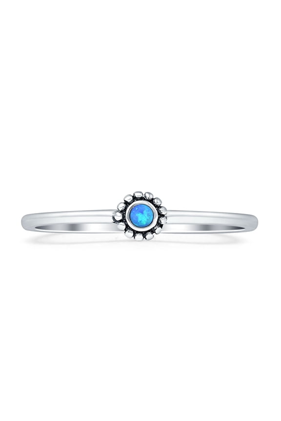 Round Beaded Lab Created Blue Opal Oxidized Ring 925 Sterling Silver Size 10