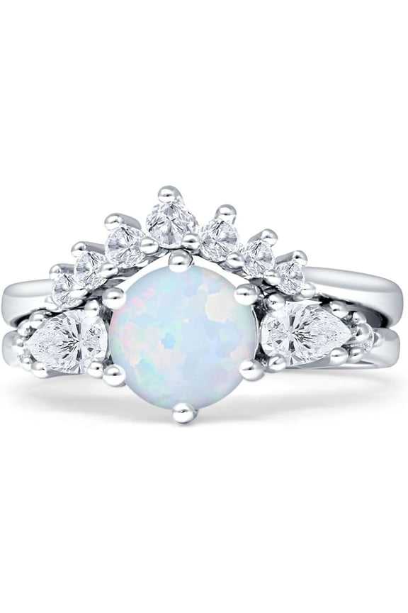 Round Beaded Marquise Style White Opal White Tone 925 Sterling Silver, Size 9