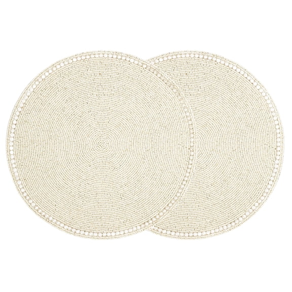 Round Beaded Placemats - 13" Round Dining Mat Handcrafted Glass Beads & Polyester Backing Table Mats for Dining Table, Home, Wedding Single Pack (Ivory)