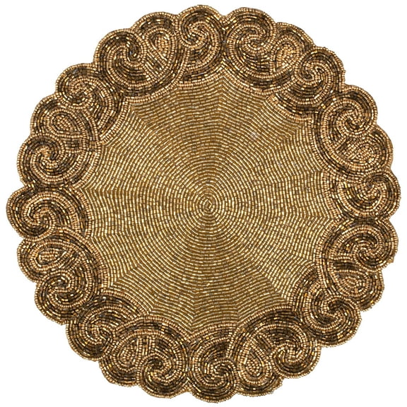 Round Beaded Placemat 13" Round White with Brown & Gold Glitz