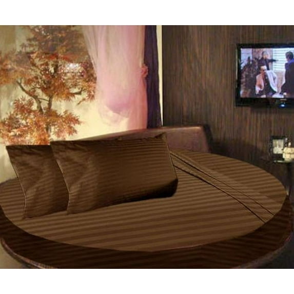 Round Bed Sheet Set, 600 Thread Count, 100% Egyptian Cotton, 30" Deep Pocket,96" Diameter, Round Sheet Set, Super Soft, Luxury and Easy Care -Chocolate Stripe, King Size