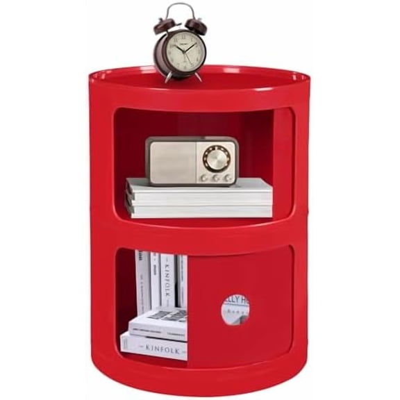 Round Bedside Table - Plastic Nightstand Storage Unit Chest W/Drawers & Sliding Door, Modern End Table Side Table, Nordic Modern Bedroom Cabinet, 2 Tier (Red)$$Home Decor, Kitchen, & Other