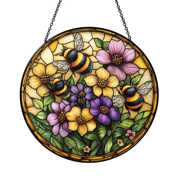Round Bee Stained Glass Window Hanging – Floral and Sunburst Decorative Panel