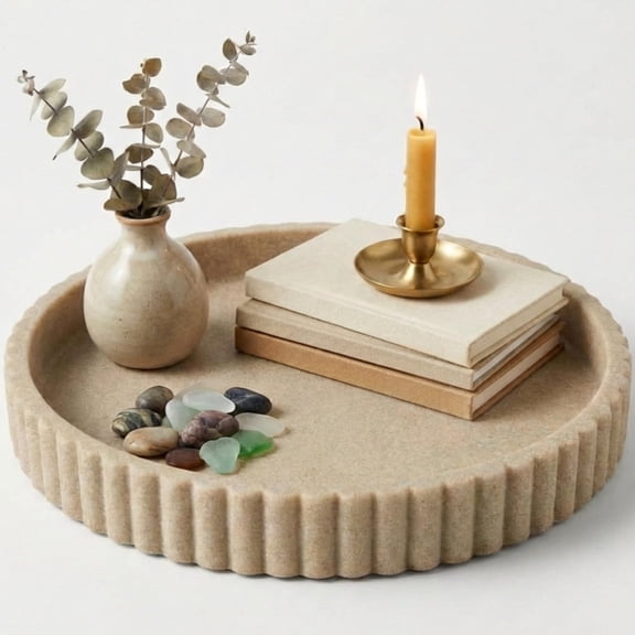 Round Beige Resin Serving Tray For Coffee Table Living Room Home Centerpiece
